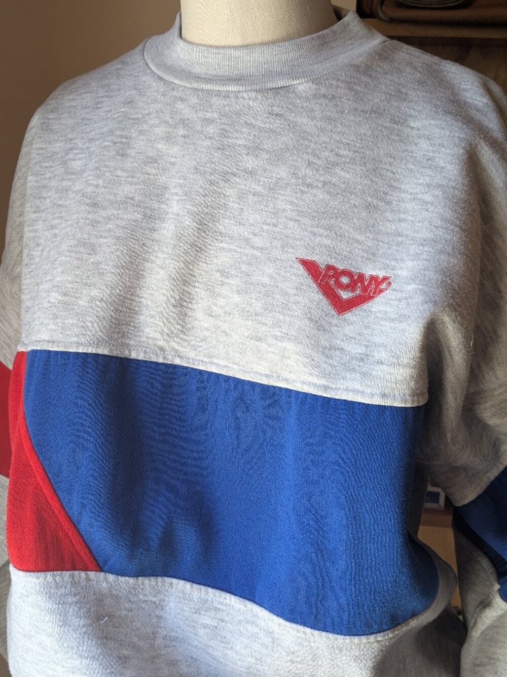 Vintage 90s Heather Grey/Red/Blue Colorblock PONY Crewneck Sweatshirt